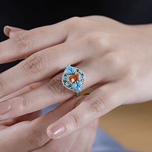 D'Joy Fanta Garnet and Multi Gemstone 3.20 ctw Floral Ring in Rhodium Over Sterling Silver (Size 6.0)