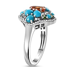 D'Joy Fanta Garnet and Multi Gemstone 3.20 ctw Floral Ring in Rhodium Over Sterling Silver (Size 6.0)