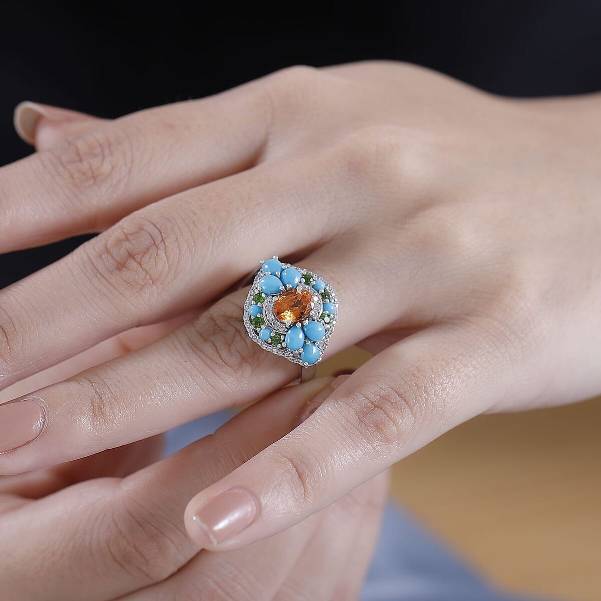 D'Joy Fanta Garnet and Multi Gemstone 3.20 ctw Floral Ring in Rhodium Over Sterling Silver (Size 8.0) image number 2