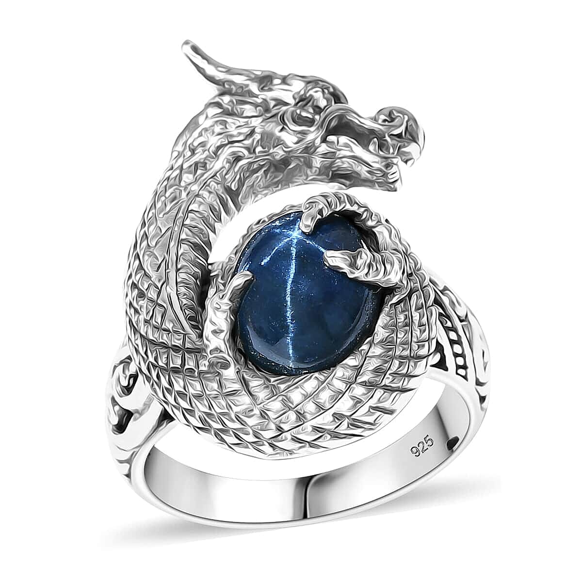 Bali Legacy Blue Star Sapphire (DF) 4.50 ctw Dragon Ring in Sterling Silver (Size 10.0)