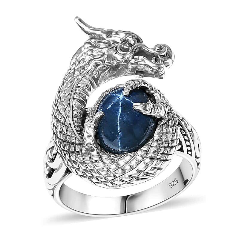 Bali Legacy Blue Star Sapphire (DF) 4.50 ctw Dragon Ring in Sterling Silver (Size 10.0)