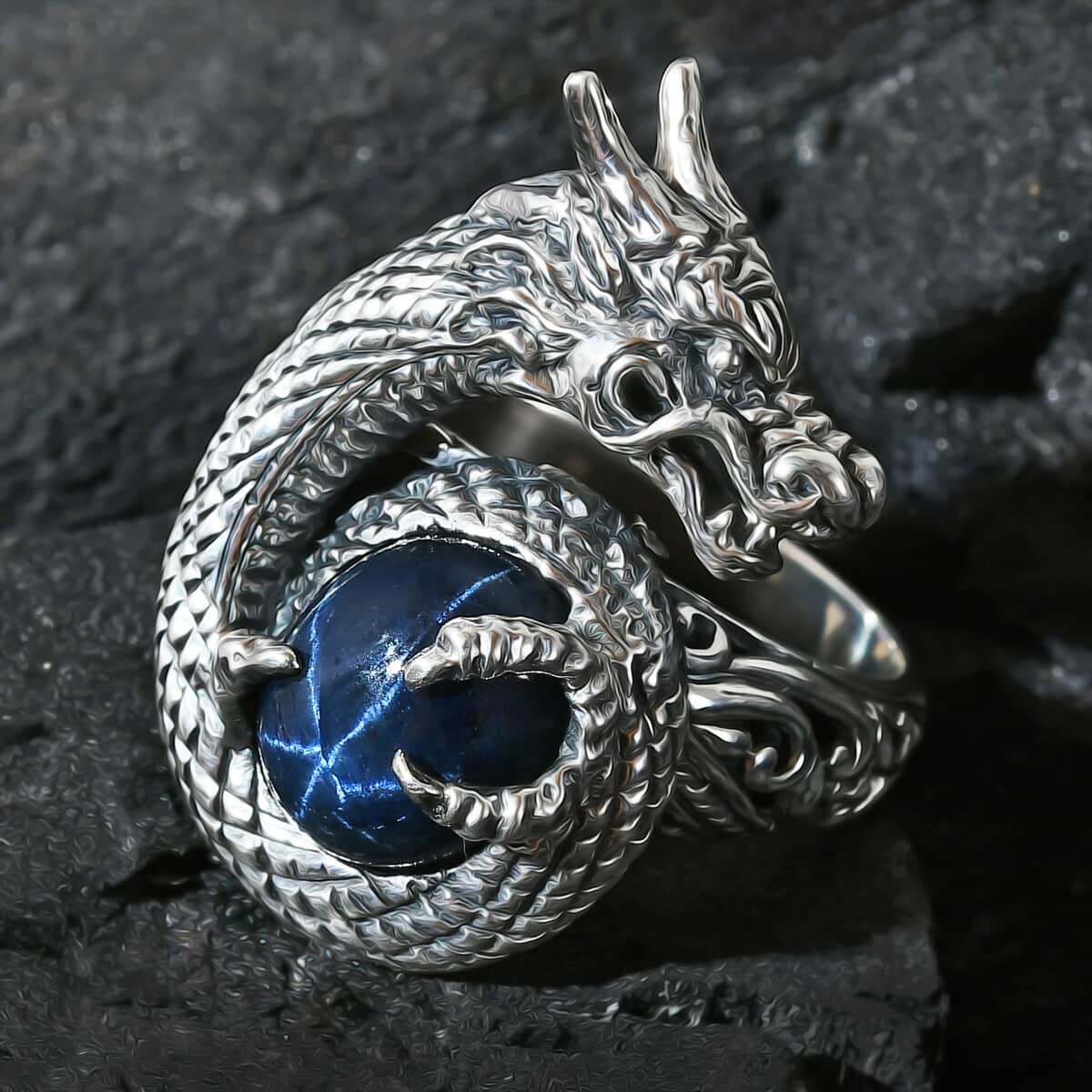 Bali Legacy Blue Star Sapphire (DF) 4.50 ctw Dragon Ring in Sterling Silver (Size 7.0) image number 1