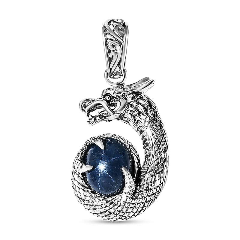 Bali Legacy Blue Star Sapphire (DF) 4.50 ctw Dragon Pendant in Sterling Silver 