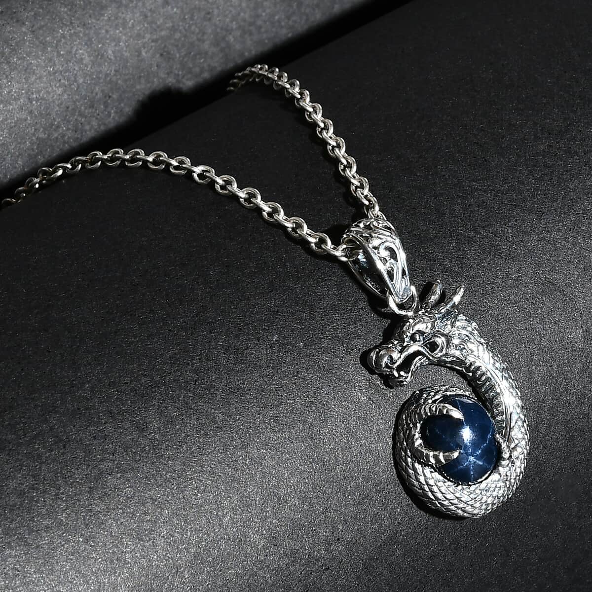 Bali Legacy Blue Star Sapphire (DF) 4.50 ctw Dragon Pendant in Sterling Silver  image number 1