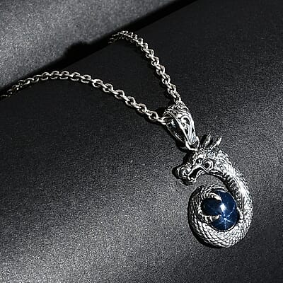 Bali Legacy Blue Star Sapphire (DF) 4.50 ctw Dragon Pendant in Sterling Silver 