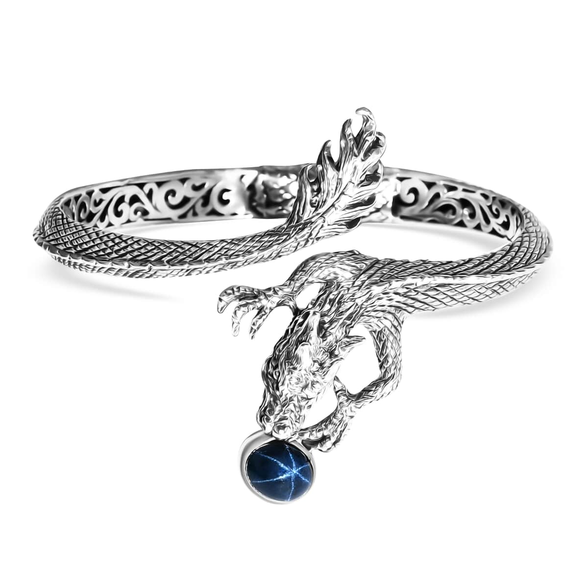 Bali Legacy Blue Star Sapphire (DF) 4.50 ctw Dragon Bangle Bracelet in Sterling Silver (7.25 In)  image number 0