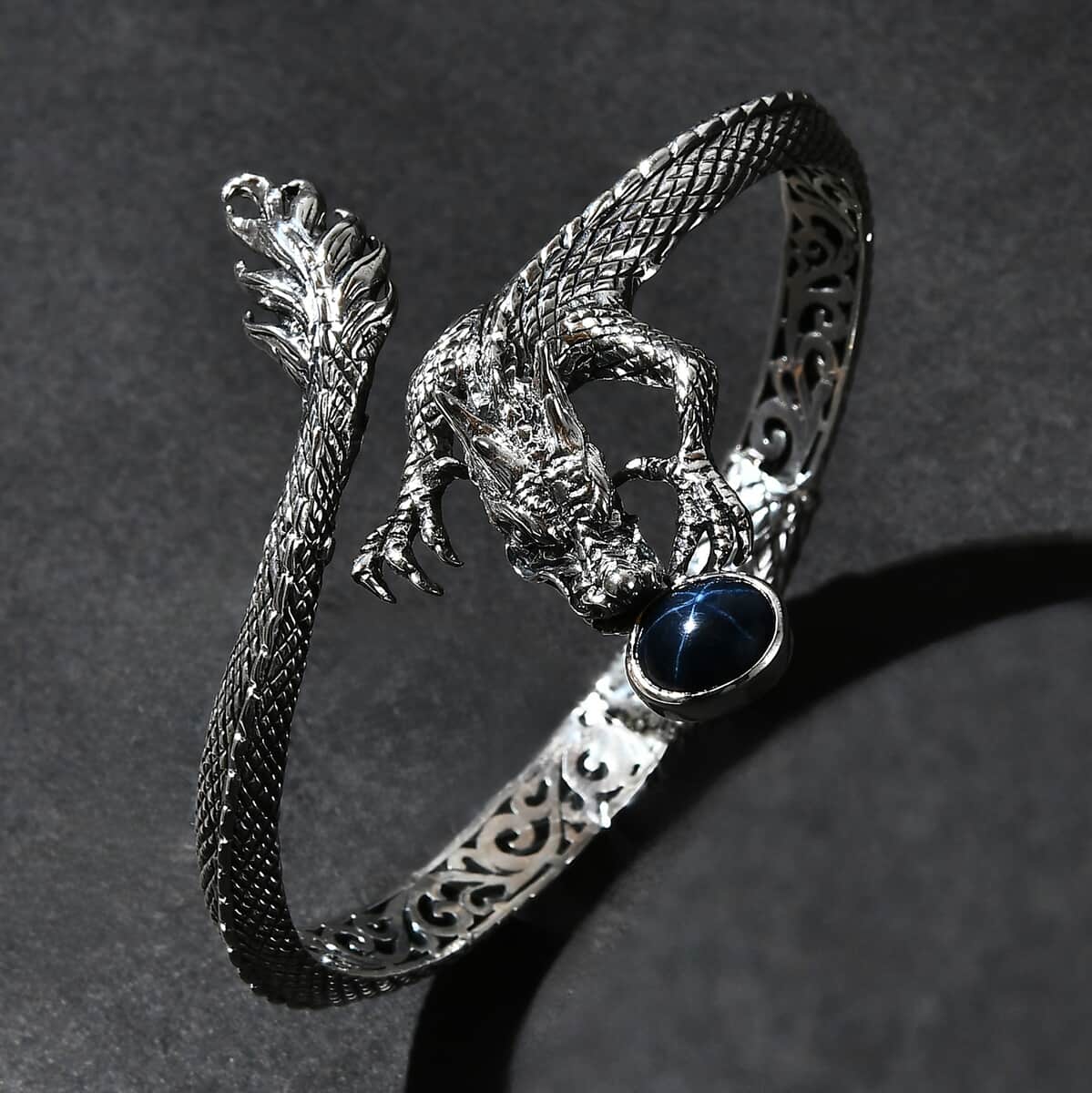 Bali Legacy Blue Star Sapphire (DF) 4.50 ctw Dragon Bangle Bracelet in Sterling Silver (7.25 In)  image number 1