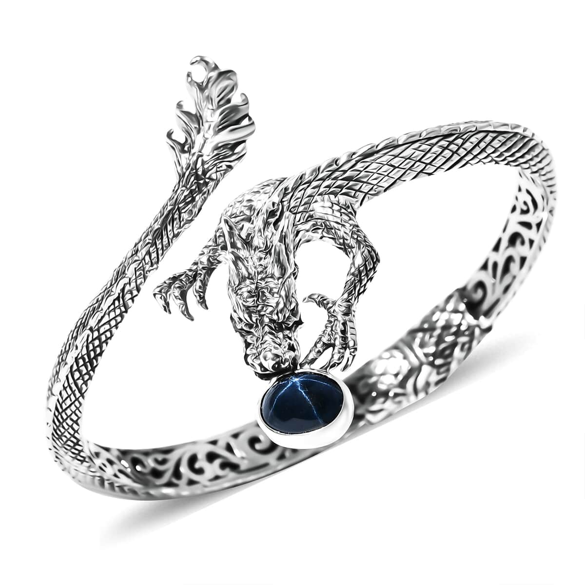 Bali Legacy Blue Star Sapphire (DF) 4.50 ctw Dragon Bangle Bracelet in Sterling Silver (7.25 In)  image number 3