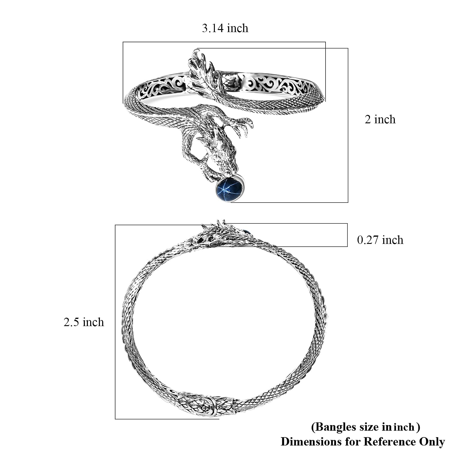 Bali Legacy Blue Star Sapphire (DF) 4.50 ctw Dragon Bangle Bracelet in Sterling Silver (7.25 In)