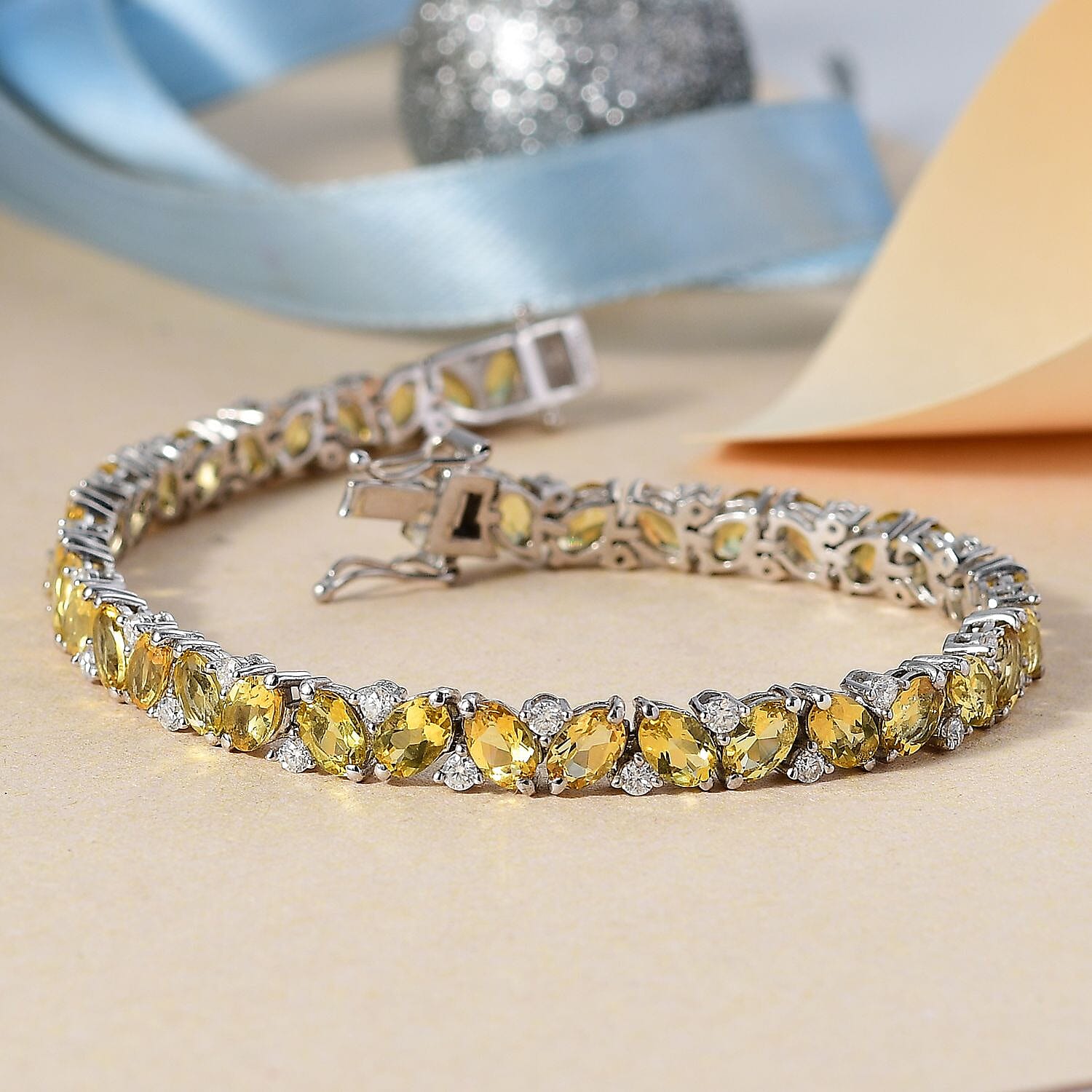 D'Joy Premium Brazilian Heliodor and Moissanite 13.25 ctw Art Deco Bracelet in Rhodium Over Sterling Silver (6.50 In)