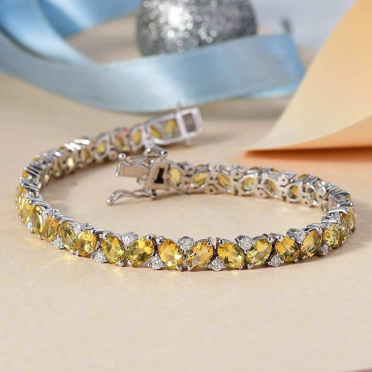 Premium Brazilian Heliodor and Moissanite 13.25 ctw Bracelet in Rhodium Over Sterling Silver (6.50 In) image number 1