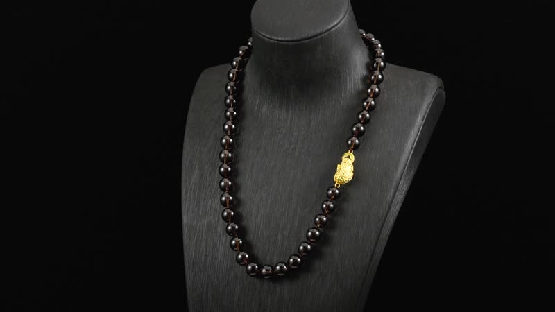Brazilian Smoky Quartz 230.00 ctw Beaded Necklace with Pixiu Lock in Goldtone 20 Inches