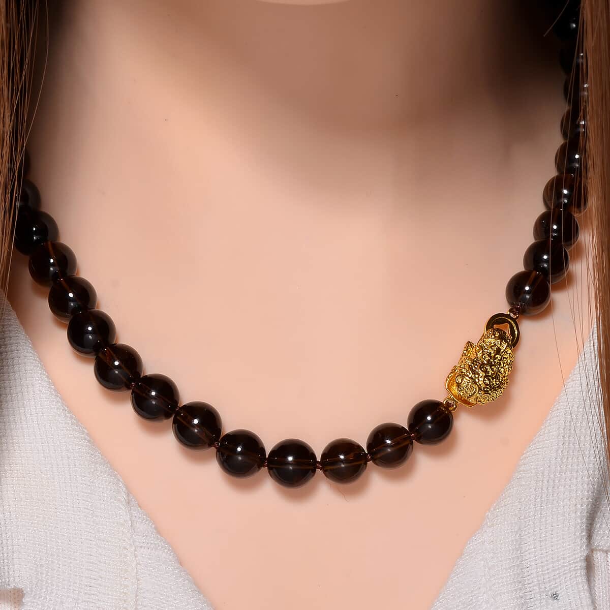 Brazilian Smoky Quartz 230.00 ctw Beaded Necklace with Pixiu Lock in Goldtone 20 Inches image number 1