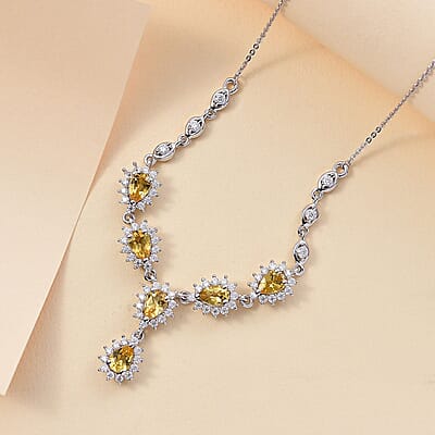 D'Joy Premium Brazilian Heliodor and Moissanite 3.55 ctw Sunflower Cascade Necklace in Rhodium Over Sterling Silver 18 Inches