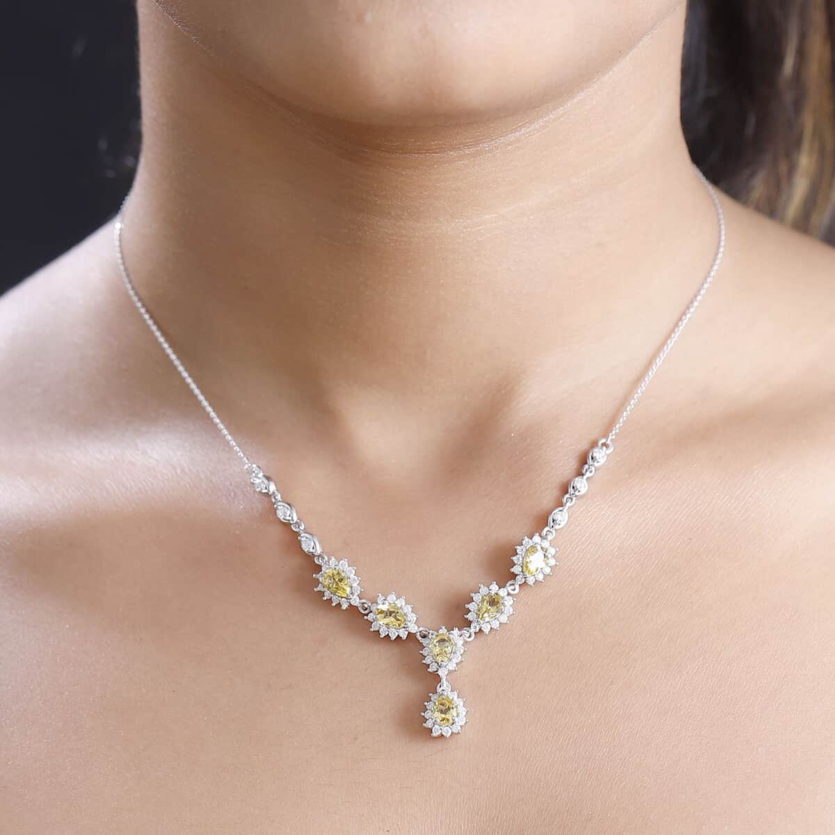 Premium Brazilian Heliodor and Moissanite 3.55 ctw Sunflower Cascade Necklace in Rhodium Over Sterling Silver 18 Inches image number 2