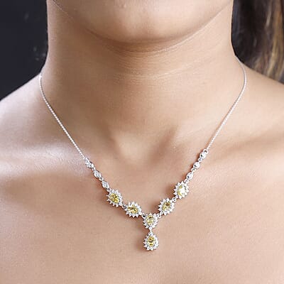 D'Joy Premium Brazilian Heliodor and Moissanite 3.55 ctw Sunflower Cascade Necklace in Rhodium Over Sterling Silver 18 Inches