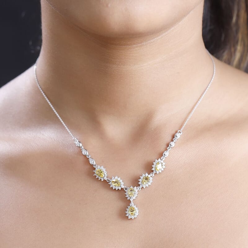 D'Joy Premium Brazilian Heliodor and Moissanite 3.55 ctw Sunflower Cascade Necklace in Rhodium Over Sterling Silver 18 Inches