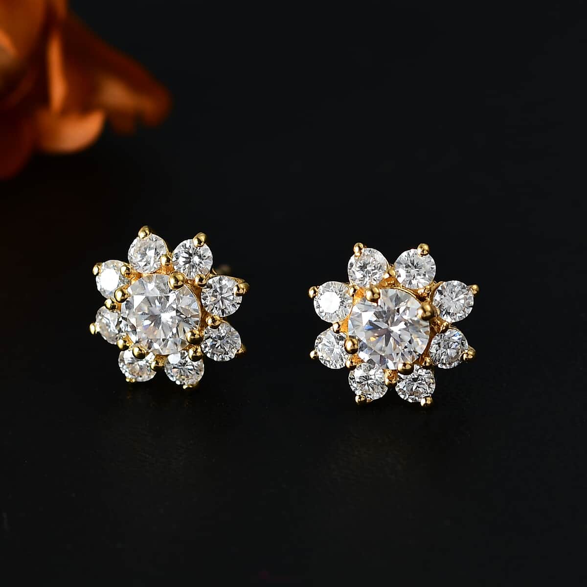 Moissanite 1.90 ctw Flower Earrings in 18K Vermeil Yellow Gold Over Sterling Silver image number 1