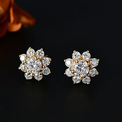 Moissanite 1.90 ctw Flower Earrings in 18K Vermeil Yellow Gold Over Sterling Silver