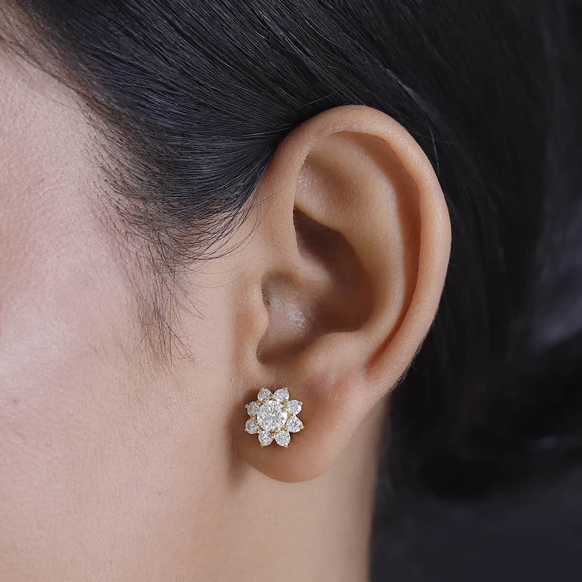 Moissanite 1.90 ctw Flower Earrings in 18K Vermeil Yellow Gold Over Sterling Silver image number 2