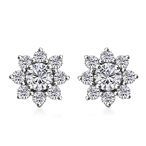 Moissanite 1.90 ctw Flower Earrings in Rhodium Over Sterling Silver