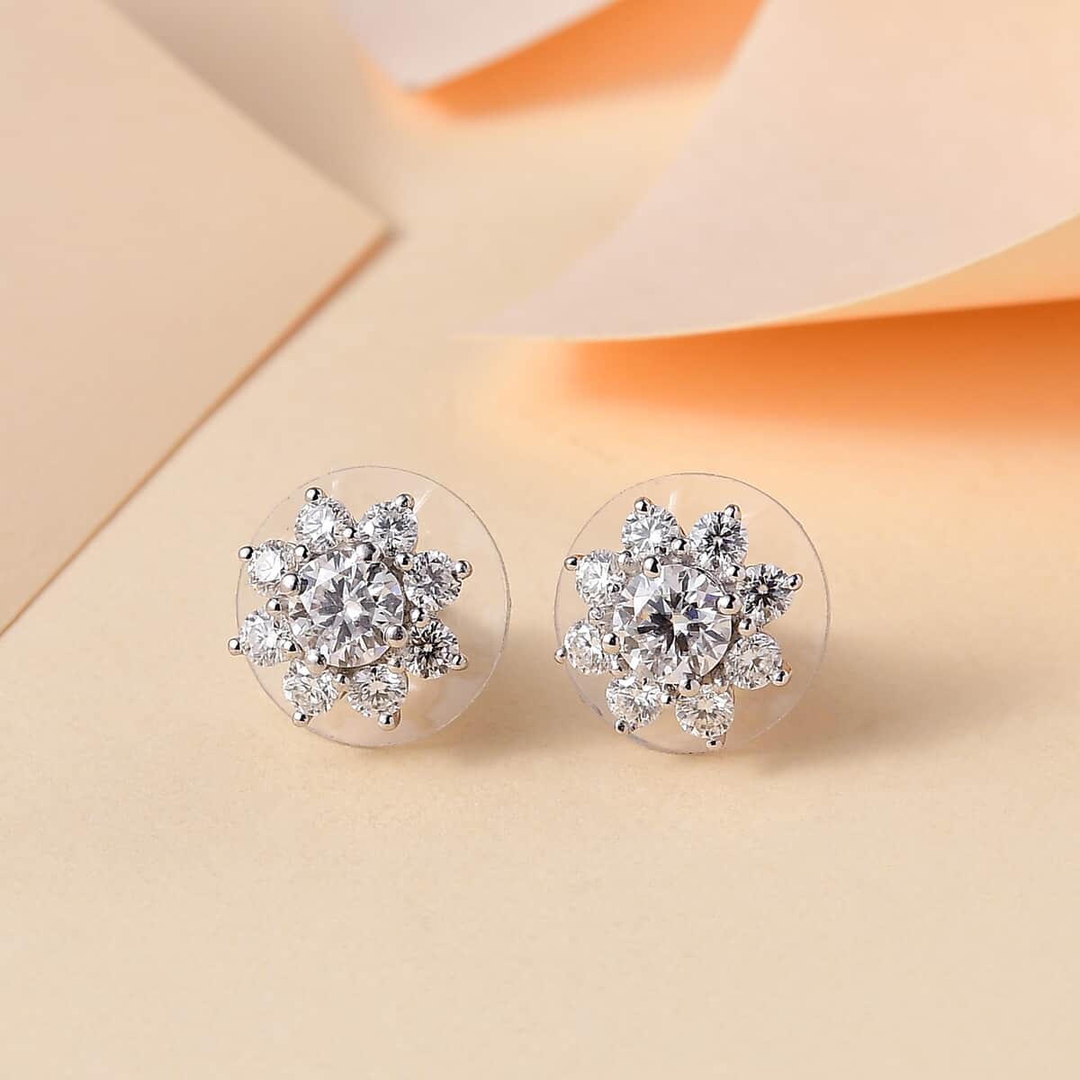 Moissanite 1.90 ctw Flower Earrings in Rhodium Over Sterling Silver image number 1