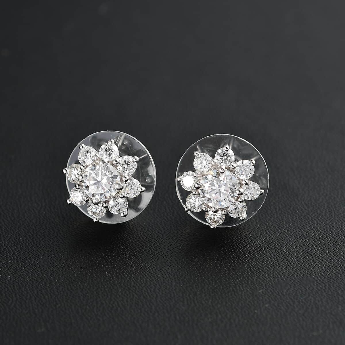 Moissanite 1.90 ctw Flower Earrings in Rhodium Over Sterling Silver image number 2