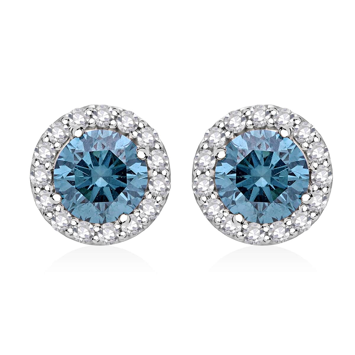 Luxuriant Lab Grown Blue and White Diamond (SI) 1.50 ctw Halo Stud Earrings in Platinum Over Sterling Silver image number 0