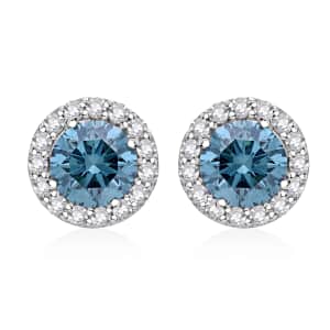 Luxuriant Lab Grown Blue and White Diamond (SI) 1.50 ctw Halo Stud Earrings in Platinum Over Sterling Silver