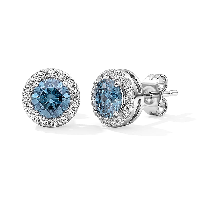 Luxuriant Lab Grown Blue Diamond (IR) and Lab Grown White Diamond (SI) 1.50 ctw Halo Stud Earrings in Platinum Over Sterling Silver