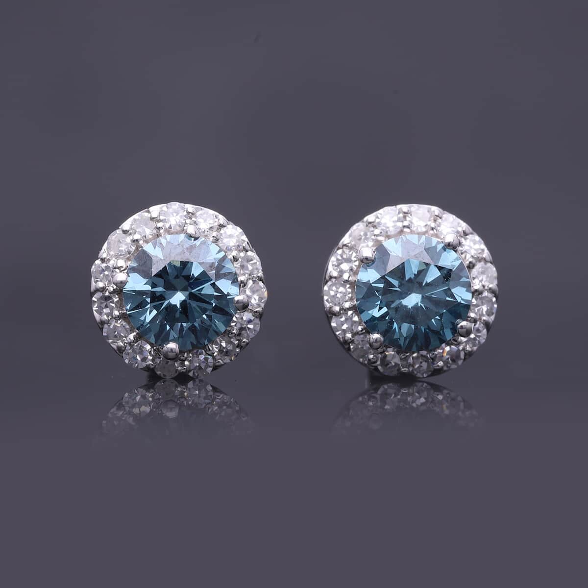 Luxuriant Lab Grown Blue and White Diamond (SI) 1.50 ctw Halo Stud Earrings in Platinum Over Sterling Silver image number 1