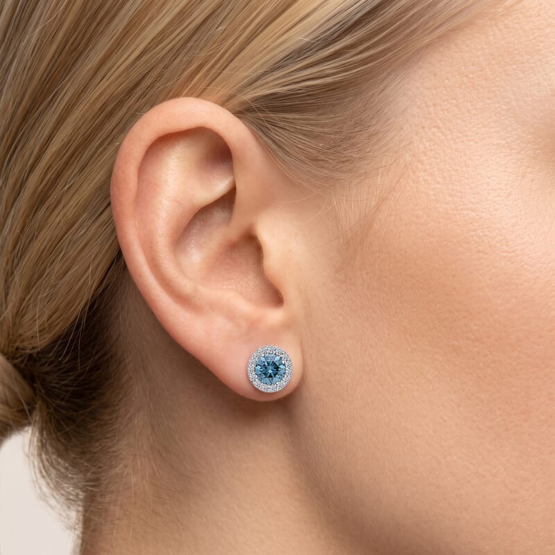 Luxuriant Lab Grown Blue Diamond (IR) and Lab Grown White Diamond (SI) 1.50 ctw Halo Stud Earrings in Platinum Over Sterling Silver
