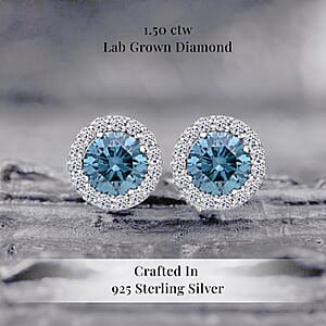 Luxuriant Lab Grown Blue Diamond (IR) and Lab Grown White Diamond (SI) 1.50 ctw Halo Stud Earrings in Platinum Over Sterling Silver