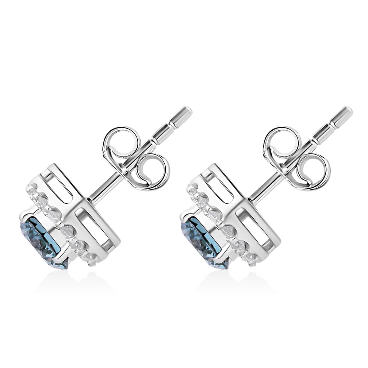 Luxuriant Lab Grown Blue and White Diamond (SI) 1.50 ctw Halo Stud Earrings in Platinum Over Sterling Silver image number 3