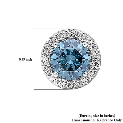 Luxuriant Lab Grown Blue Diamond (IR) and Lab Grown White Diamond (SI) 1.50 ctw Halo Stud Earrings in Platinum Over Sterling Silver