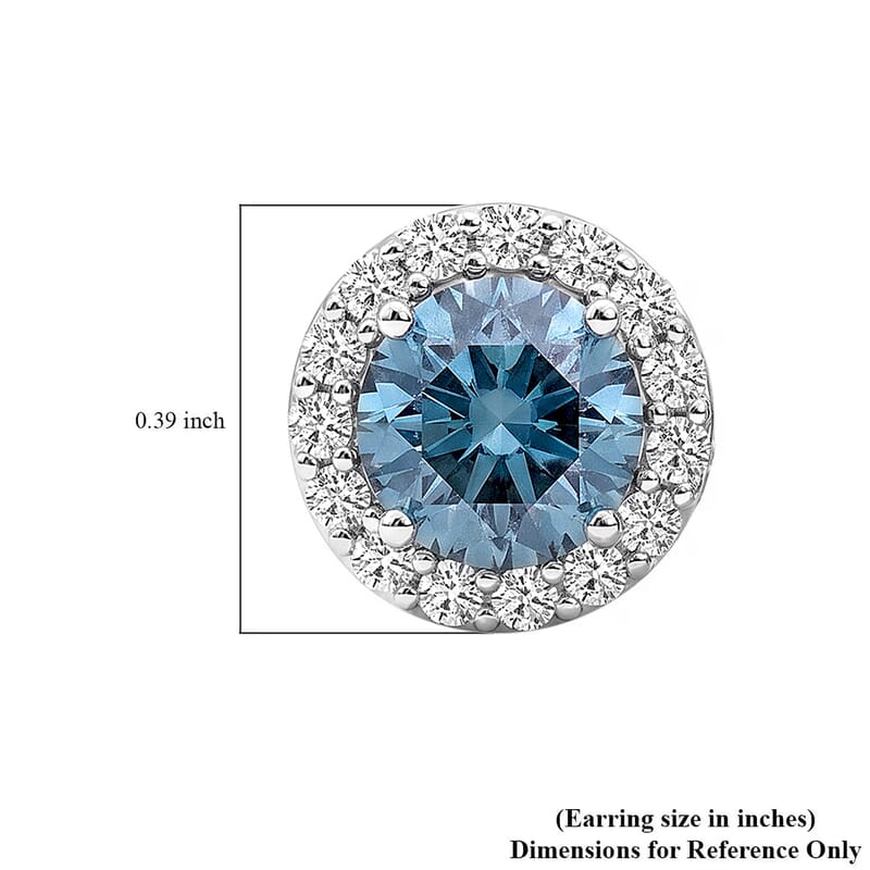 Luxuriant Lab Grown Blue Diamond (IR) and Lab Grown White Diamond (SI) 1.50 ctw Halo Stud Earrings in Platinum Over Sterling Silver