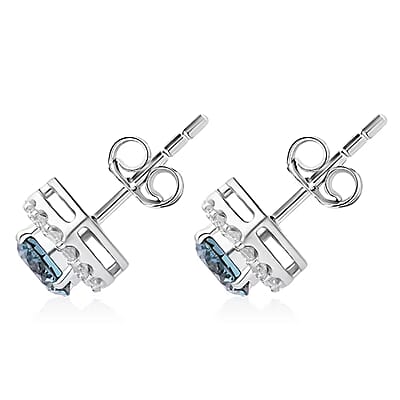 Luxuriant Lab Grown Blue Diamond (IR) and Lab Grown White Diamond (SI) 1.50 ctw Halo Stud Earrings in Platinum Over Sterling Silver
