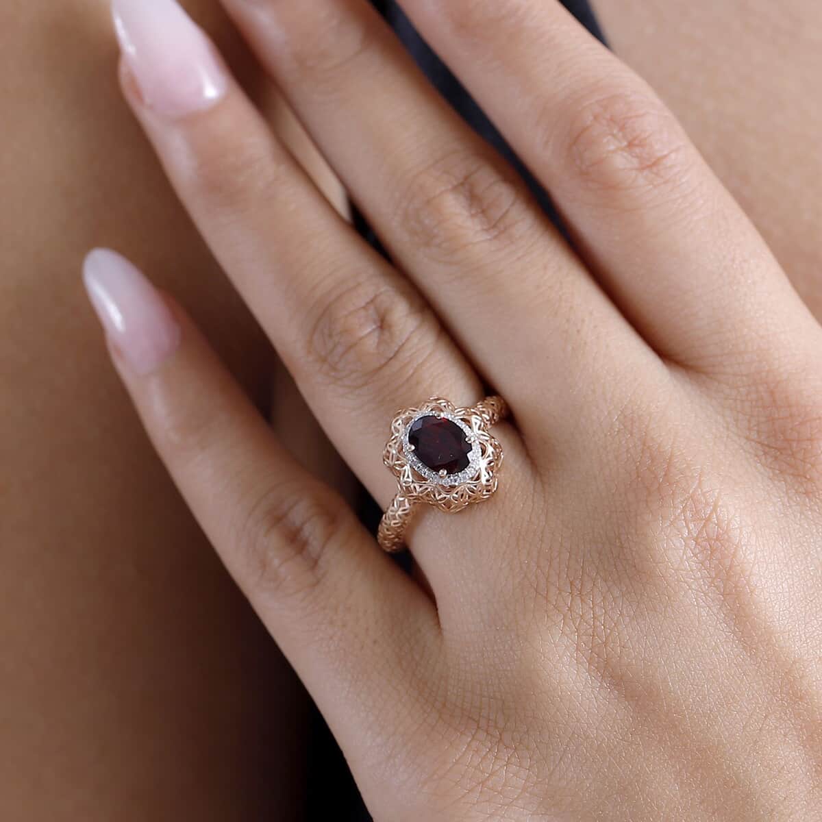 Mirage Collection Luxoro Premium Anthill Garnet and G-H I3 Diamond 1.60 ctw Ring in 10K Rose Gold (Size 10.0) image number 2