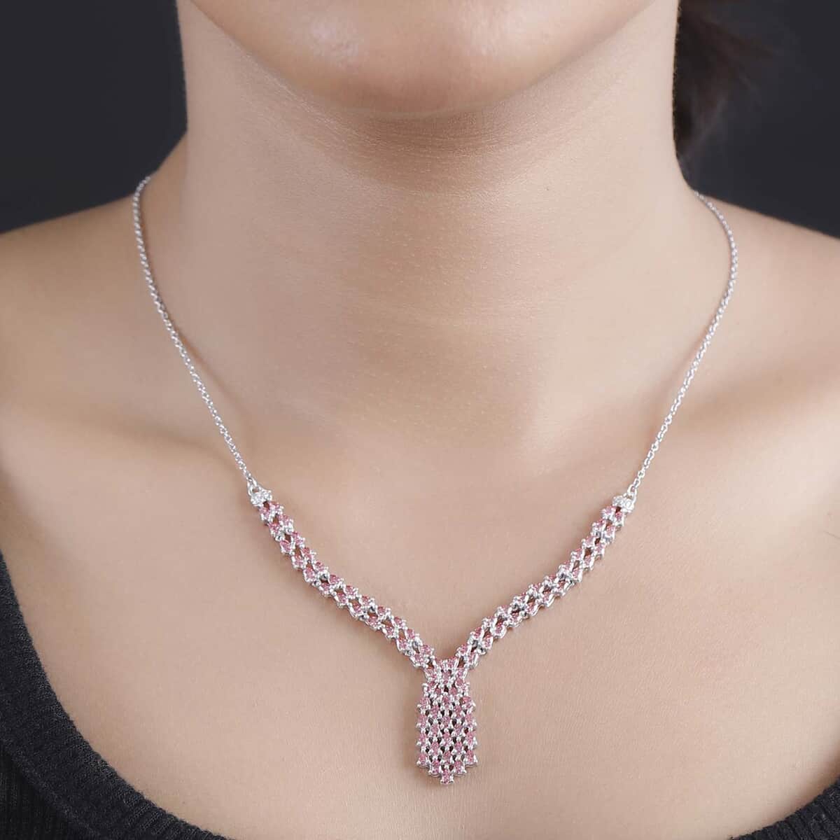 J Francis Embellished with Fancy Pink Zirconia by Swarovski 6.25 ctw Waterfall Necklace in Rhodium Over Sterling Silver 18 Inches image number 2