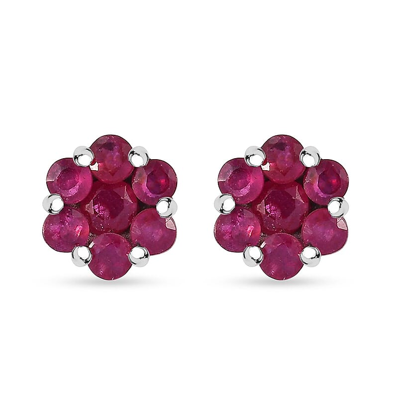 D'Joy Niassa Ruby (FF) 1.65 ctw Floral Earrings in Rhodium Over Sterling Silver