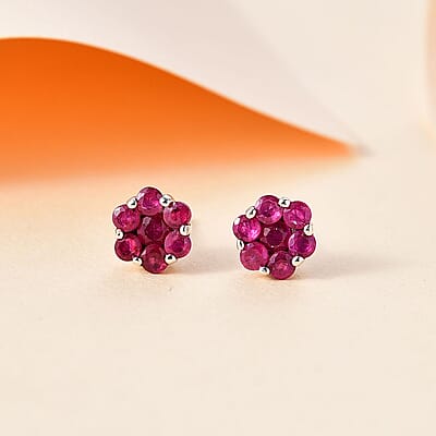 D'Joy Niassa Ruby (FF) 1.65 ctw Floral Earrings in Rhodium Over Sterling Silver