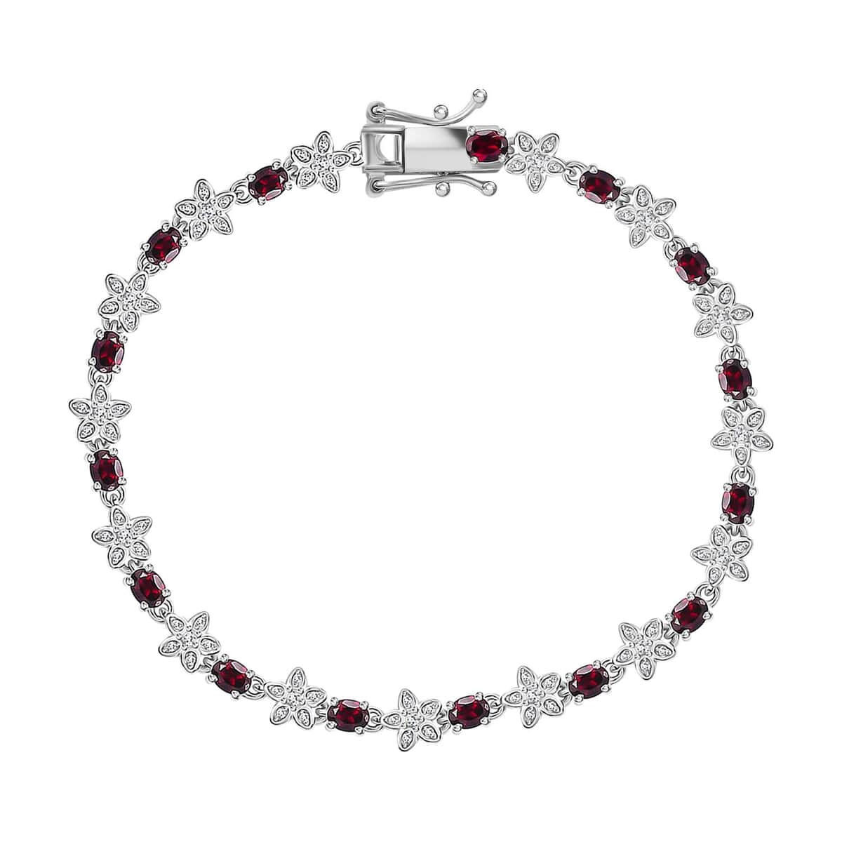 Premium Anthill Garnet and Moissanite 5.30 ctw Flower Bracelet in Rhodium Over Sterling Silver (7.25 In) image number 0