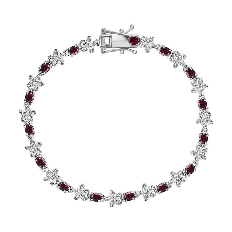 D'Joy Premium Anthill Garnet and Moissanite 5.30 ctw Flower Bracelet in Rhodium Over Sterling Silver (7.25 In)