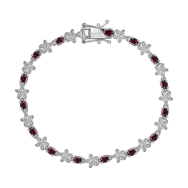 D'Joy Premium Anthill Garnet and Moissanite 5.30 ctw Flower Bracelet in Rhodium Over Sterling Silver (7.25 In)