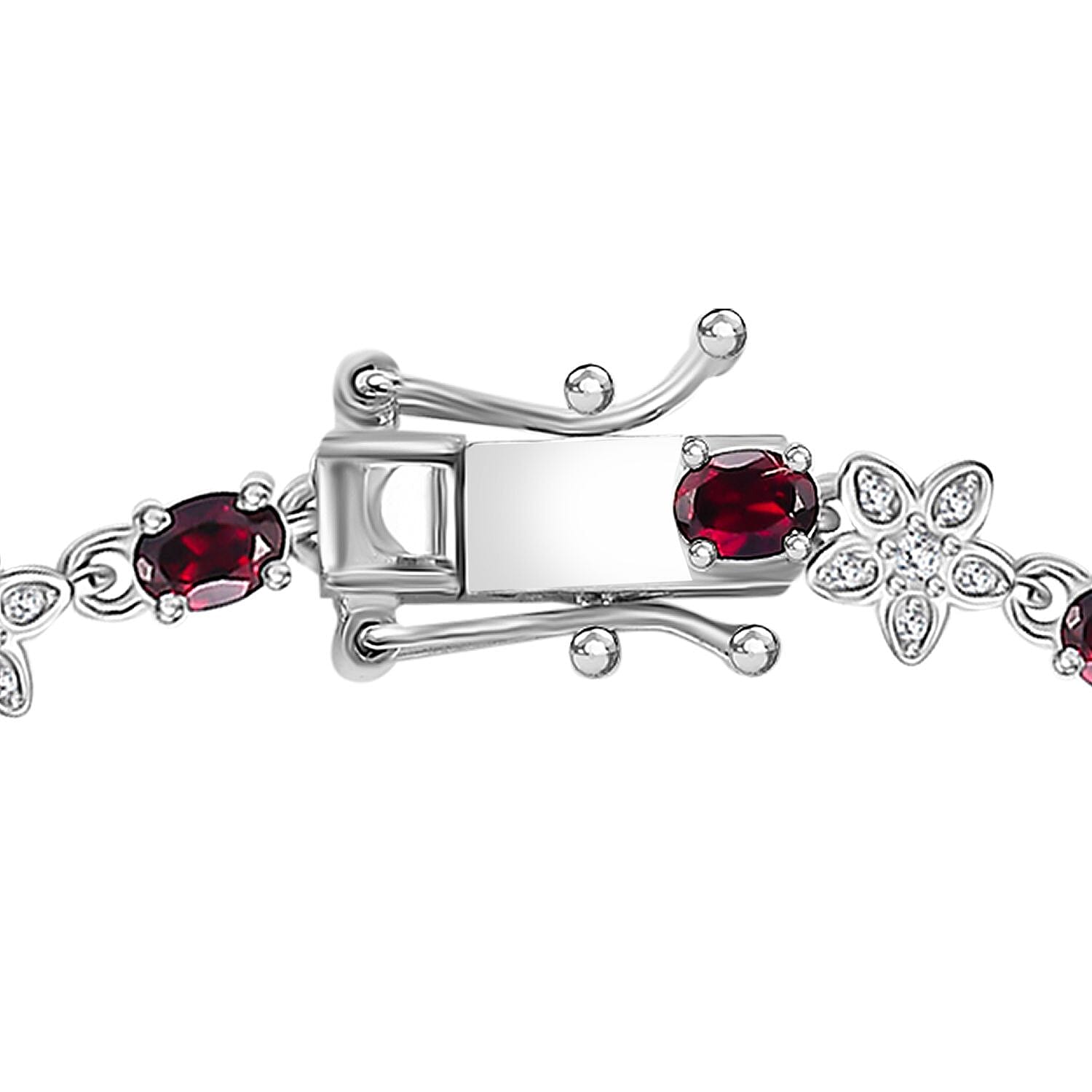 D'Joy Premium Anthill Garnet and Moissanite 5.30 ctw Flower Bracelet in Rhodium Over Sterling Silver (7.25 In)