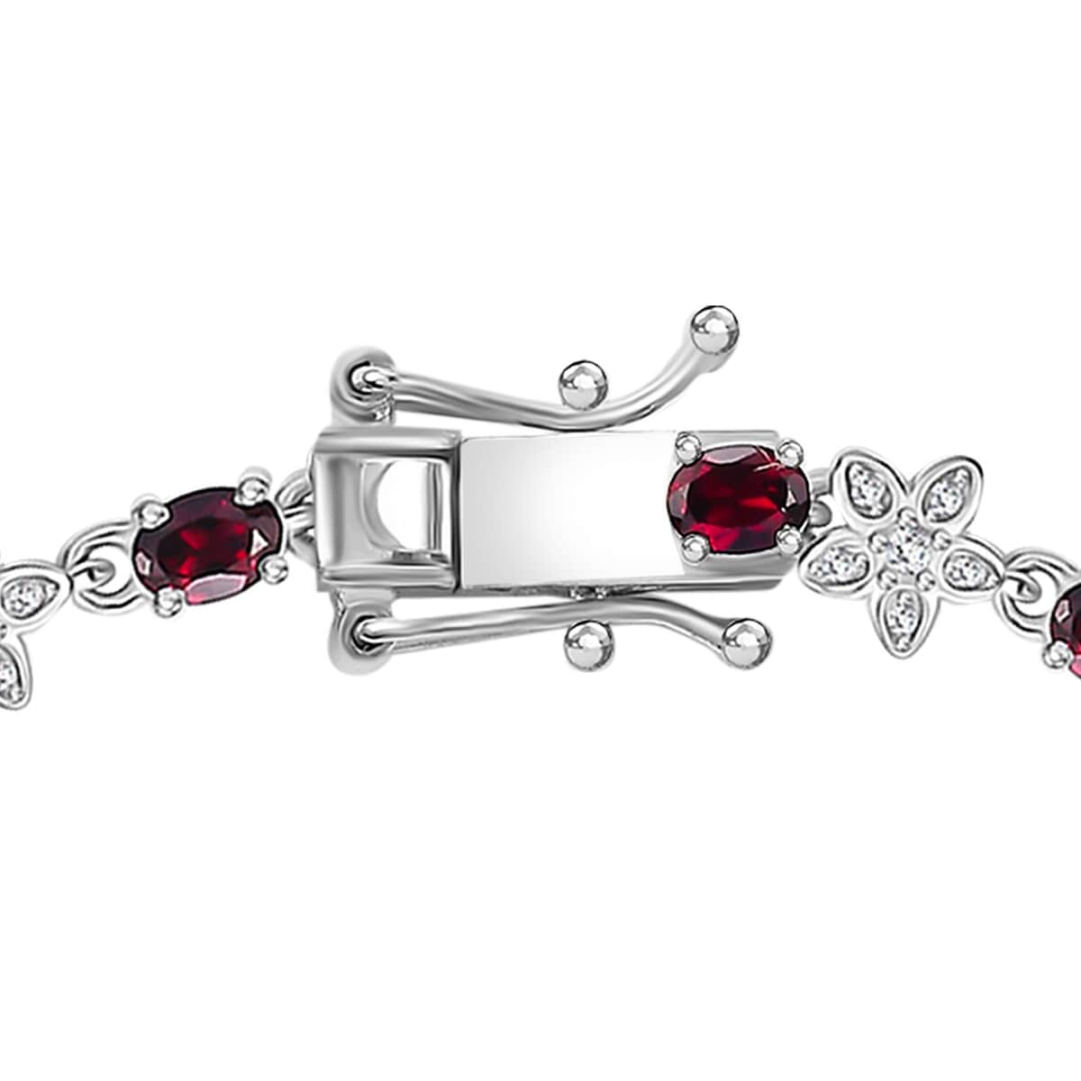 Premium Anthill Garnet and Moissanite 5.30 ctw Flower Bracelet in Rhodium Over Sterling Silver (7.25 In) image number 3