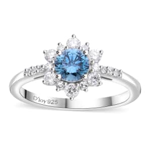 Luxuriant Lab Grown Blue and White Diamond (SI) 1.00 ctw Floral Ring in Platinum Over Sterling Silver (Size 10.0)