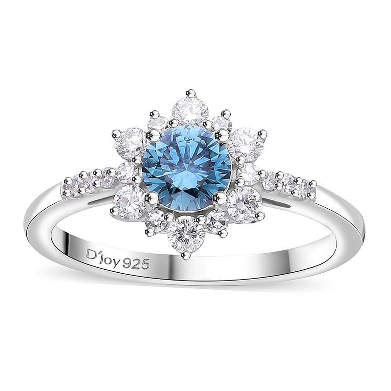 Luxuriant Lab Grown Blue Diamond (IR) and Lab Grown White Diamond (SI) 1.00 ctw Floral Ring in Platinum Over Sterling Silver (Size 10.0)