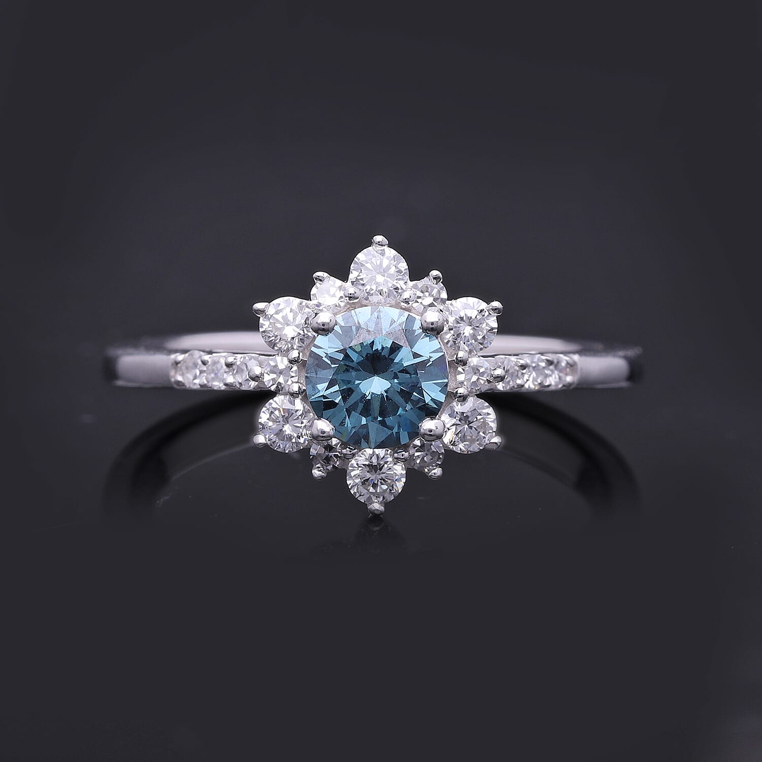 Luxuriant Lab Grown Blue Diamond (IR) and Lab Grown White Diamond (SI) 1.00 ctw Floral Ring in Platinum Over Sterling Silver (Size 10.0)