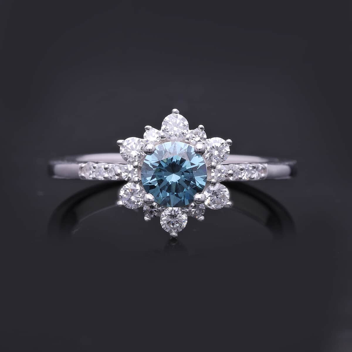 Luxuriant Lab Grown Blue and White Diamond (SI) 1.00 ctw Floral Ring in Platinum Over Sterling Silver (Size 10.0) image number 1